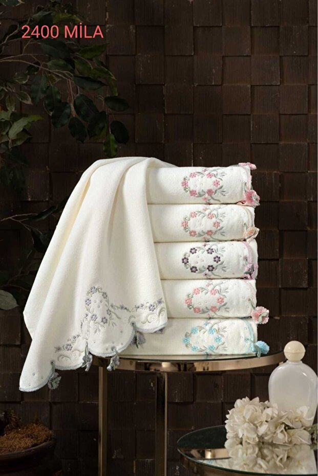 50x90 Cm Deren VELVET 3D Embroidered 100% Curl White 6 Pieces Hand Face Towel Set