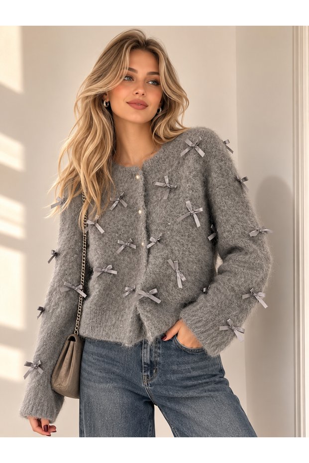 Gray Soft Knitwear Women's Princess Cardigan with Bow Ribbon Detail