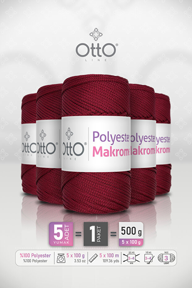 Polyester Makrome • Burgundy • 5-Pack × 100 Gr / 100 m • 2 mm • Supla, Bag, Accessory Cord
