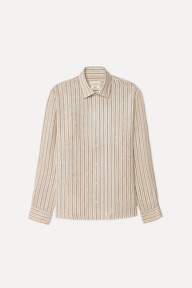 Men's Ecru Striped Regular Fit Long Sleeve Linen Shirt