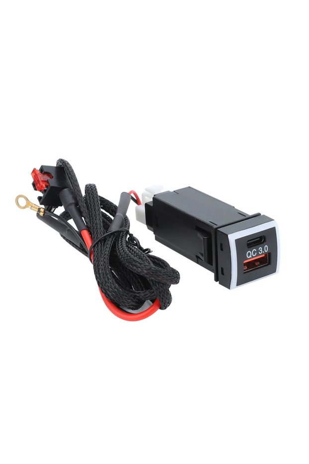black 48W Fast Charger Voltmeter PD+QC3.0 USB Type-C Dual Port Car Adapter with Blue Light