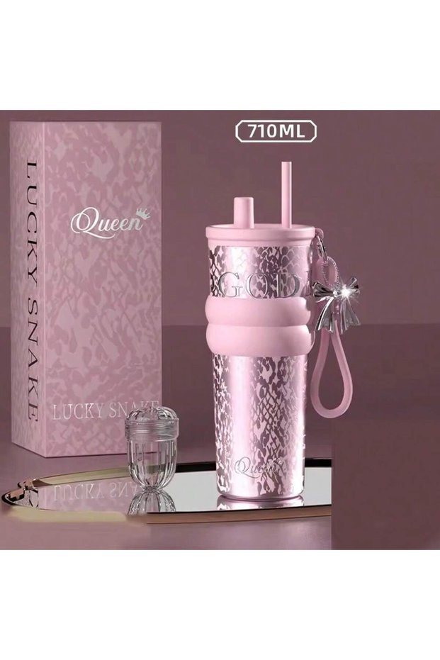 710ml Pink 710mlTravel Thermos with Straw and Leak-Proof Lid, Stainless Steel Metal Water Bottle for