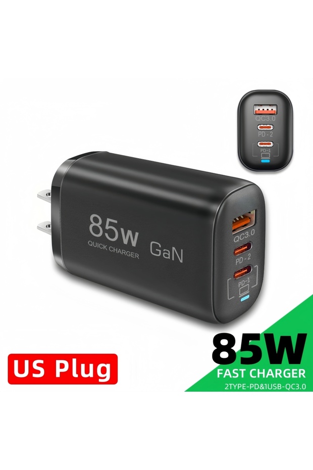 US Real 85W GaN Type C Charger USB QC3.0 For Laptop Ipad PPS PD 65W Fast Charge For Samsung Xiaomi i