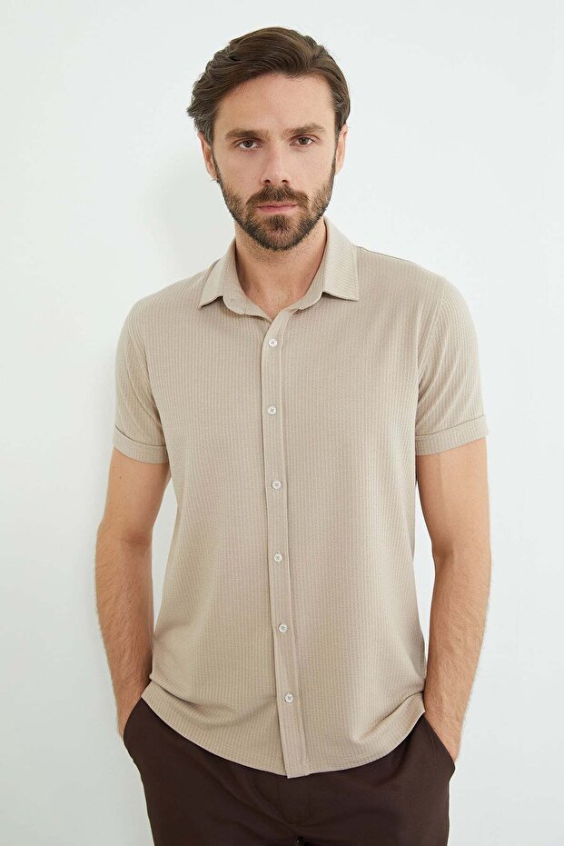 Ribbed Sleeve Layered Slim Fit Shirt