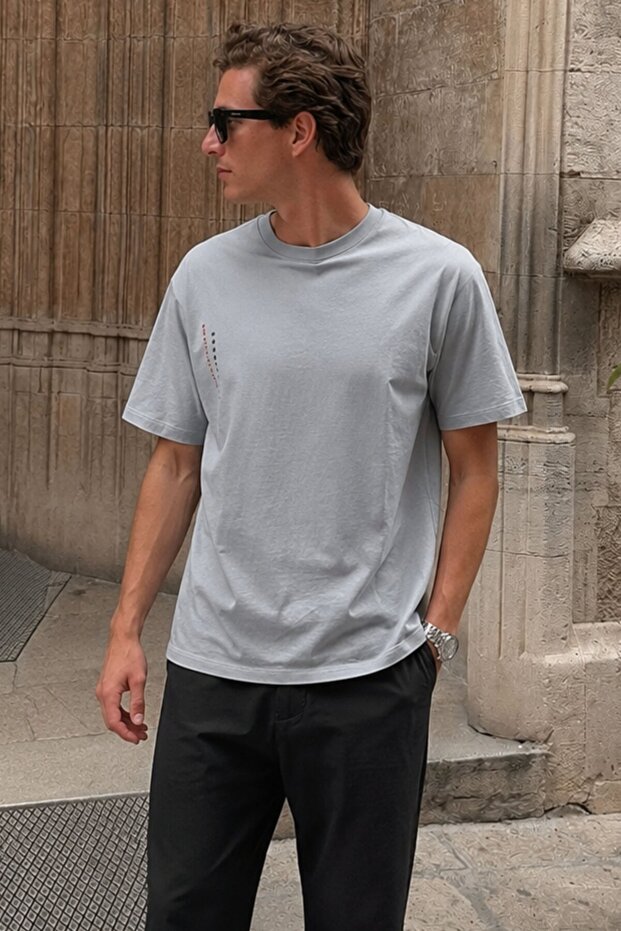 Painted Gray Crew Neck Printed Short Sleeve Overfit T-Shirt 7036