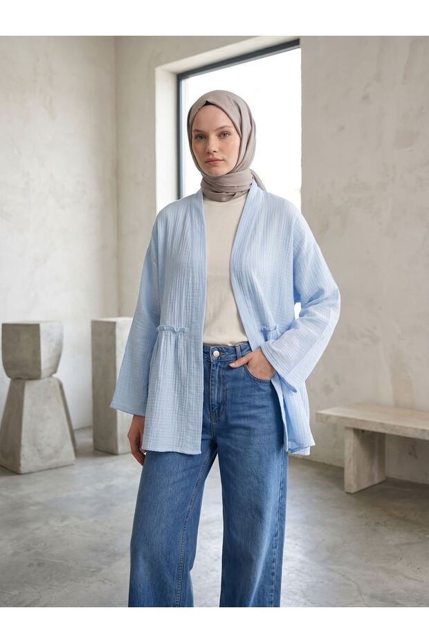 Front Gathered Detail Cardigan-Blue