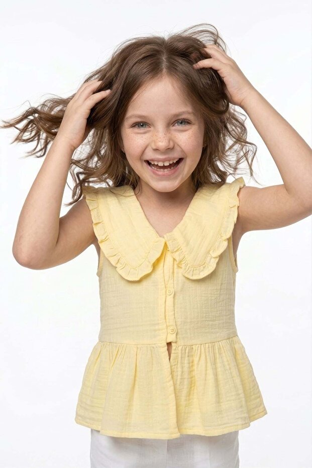 Ruffled Peter Pan collar Muslin Fabric Girls' Shirt