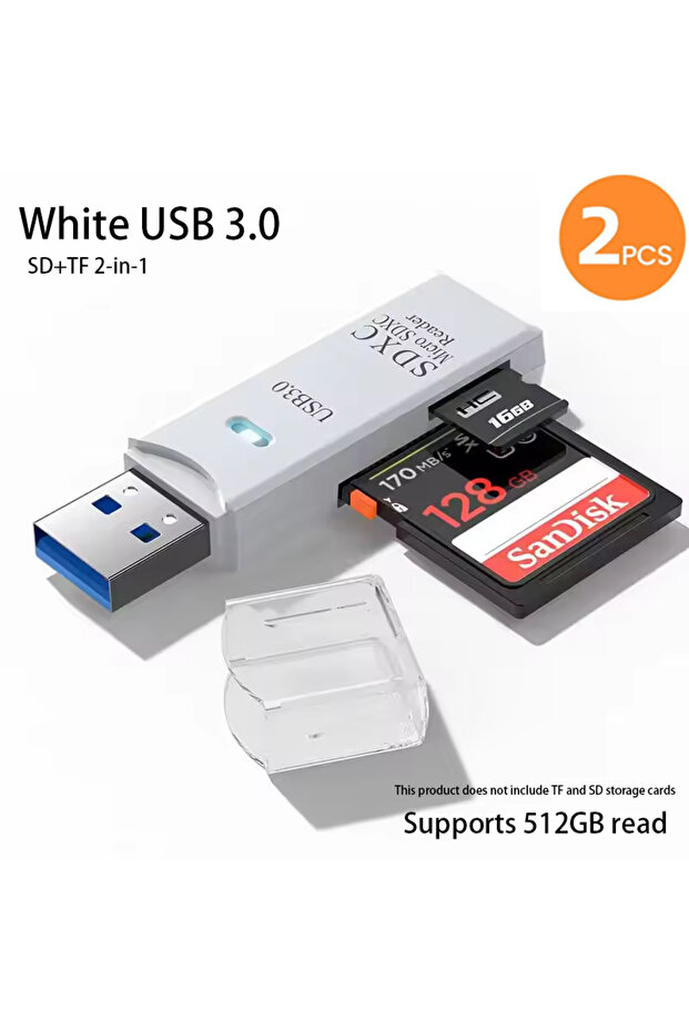 2pcs White3.0 2-in-1 USB 3.0 High Speed Card Reader TF Memory Card Adapter Portable USB Flash Drive