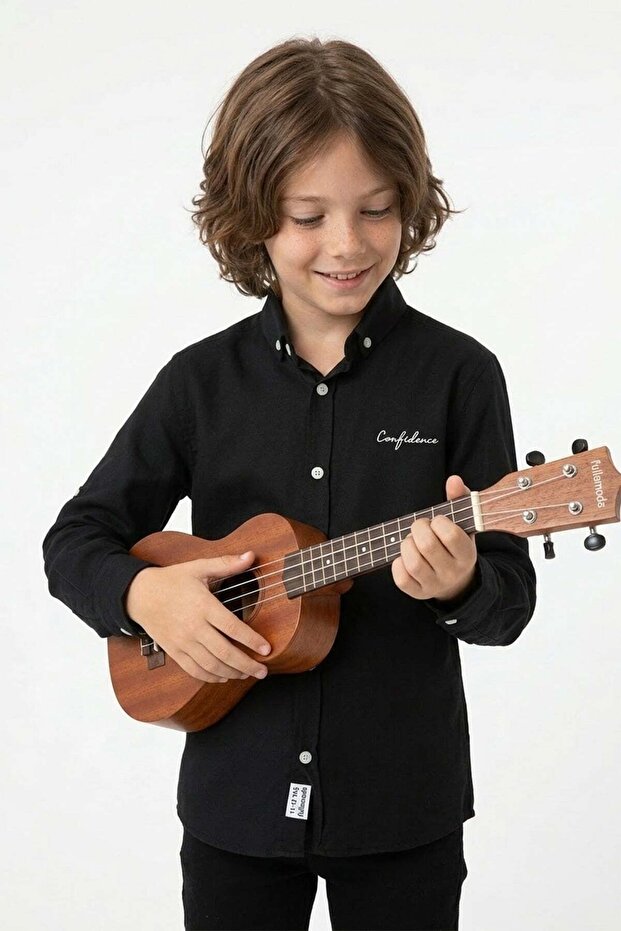 Yazı Printed Boys' Shirt with Folded Sleeves