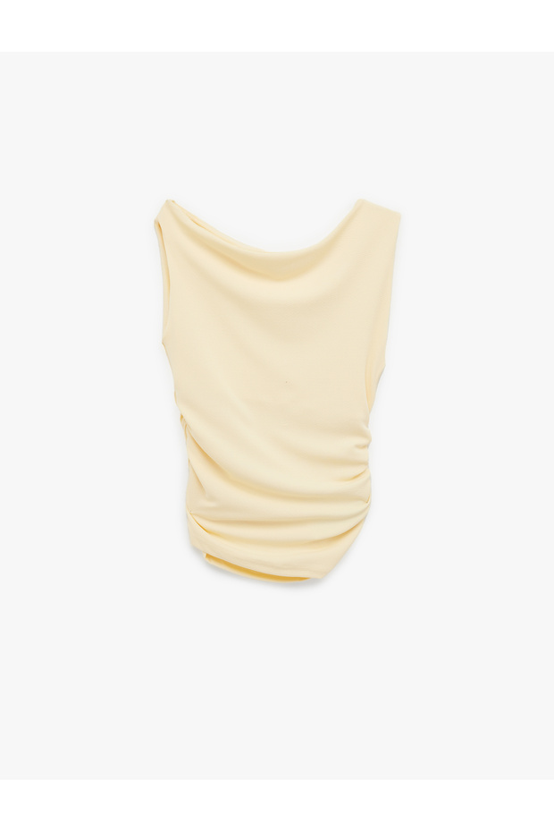 Asymmetrical Neckline Slim Fit Sleeveless Draped Blouse