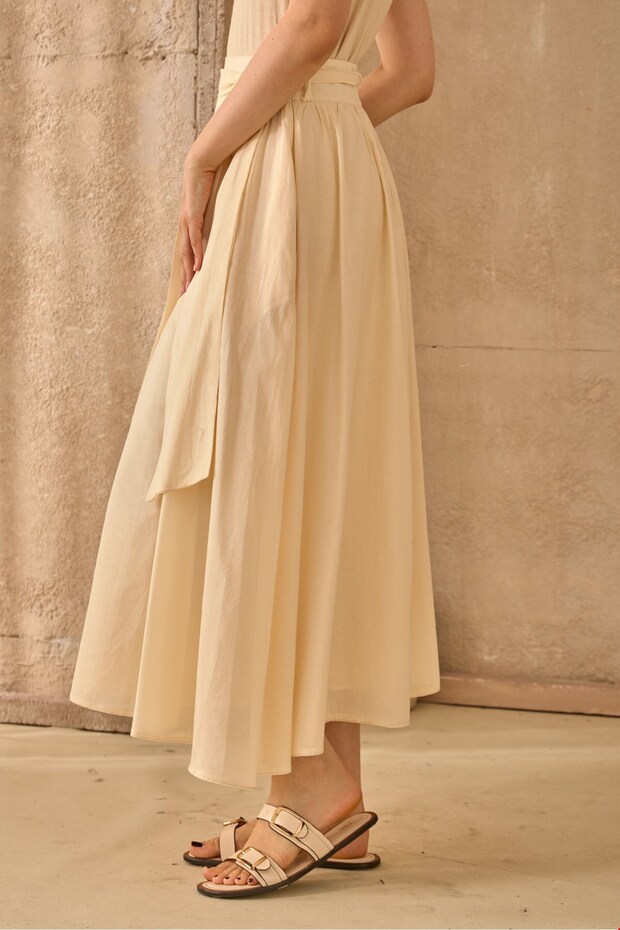 Belted Voile Skirt Beige