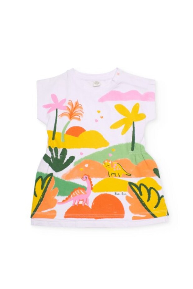 Girl's Dinosaur Print Elastic Waist Dress 2-8 Years White