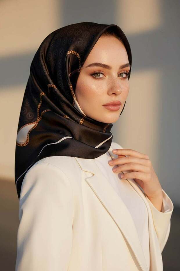 Twill Silk Chain Monogram Black - Cream Hand Stitching 90X90 Scarf