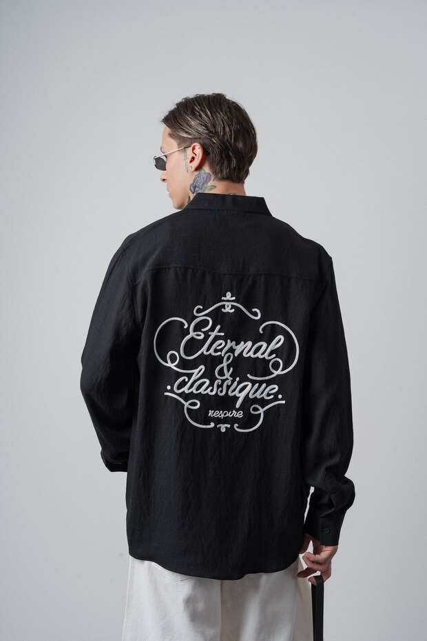 Men's Eternal Embroidered Long Sleeve Linen Oversized Shirt Black