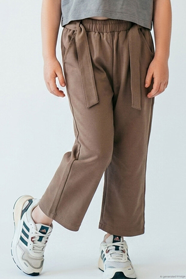 Girl's Pants with Tie Detail, Comfortable Cut, Pockets, 4-8 Years, Brown