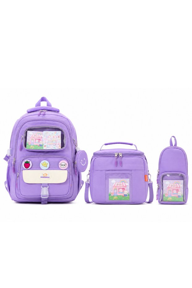 Kawaii 3-Piece Primary School School Bag Set Lilac Girls' Lunch Box and Pencil Holder