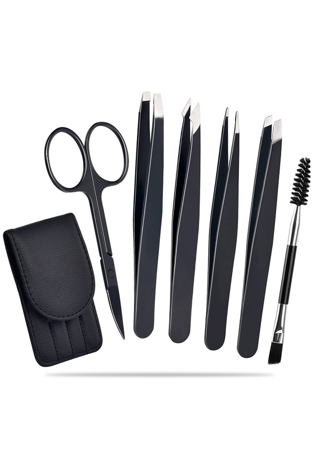 Black 6 in 1 6 Pack Tweezers Set Professional Stainless Steel Curved Scissors for Women and Men Prec