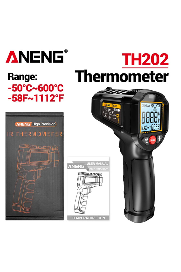 ANENG TH202 أسود ANENG TH202 50‑600 ℃ مقياس حرارة بالأشعة تحت الحمراء عالي الدقة مع شاشة LCD مضاءة خلفيًا محمول باليد