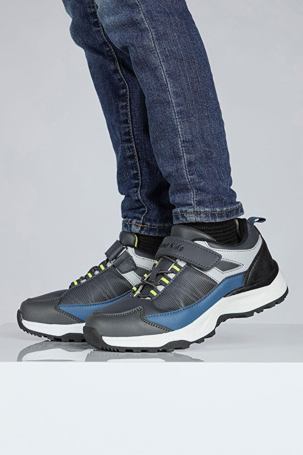 29195 Velcro Gray - Indigo Blue Unisex Kids Sneaker Casual Sneakers