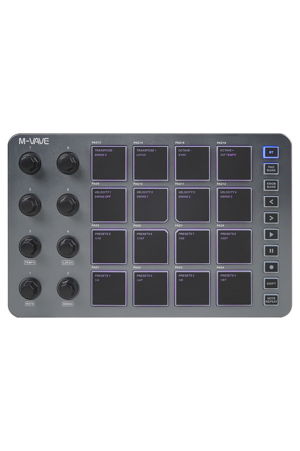 وحدة تحكم MIDI لاسلكية SMC-PAD رمادية اللون من M-VAVE، مناسبة للآلات الإيقاعية ولوحات المفاتيح، واجهة USB-C