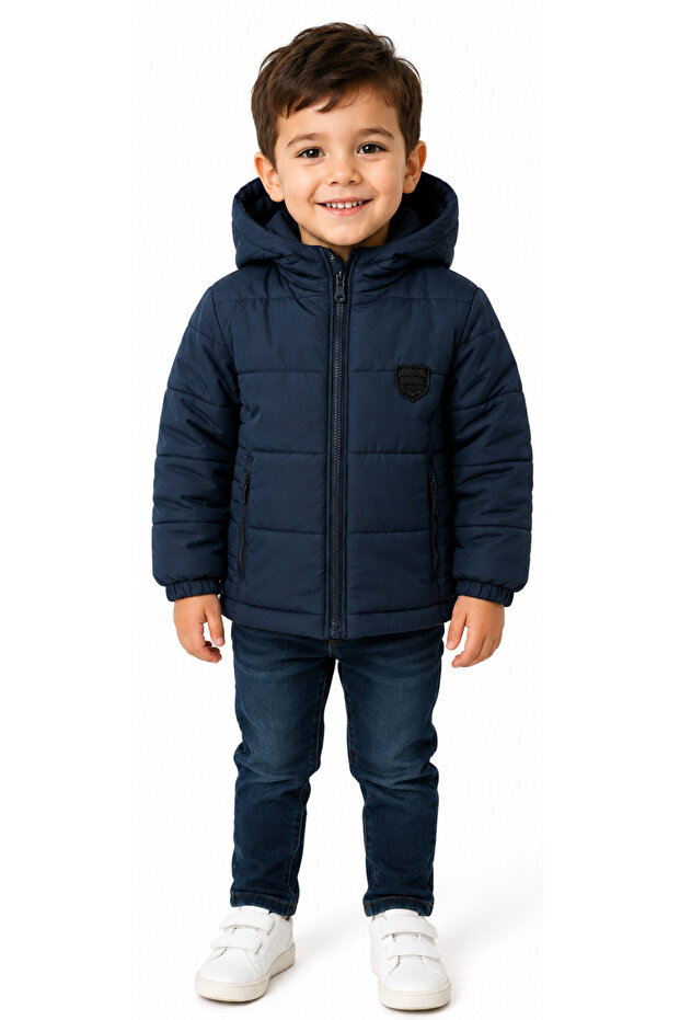 Boy's Speedy Embroidered Hooded Coat with Fixed Fleece Lining Inside, Navy Blue Color