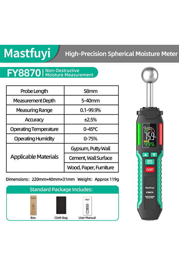 FY8870 Pinless Moisture Meter | Non-Invasive Water Leak Detector for Wood Drywall Flooring Walls | B