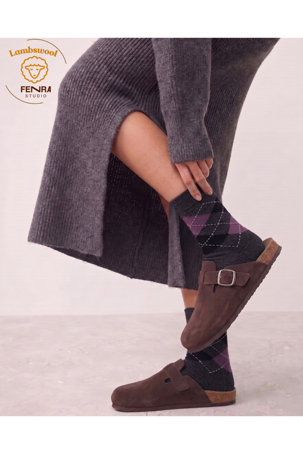 Women's Winter Thermal Wool Warm Lambswool Anthracite Purple Checked Socks