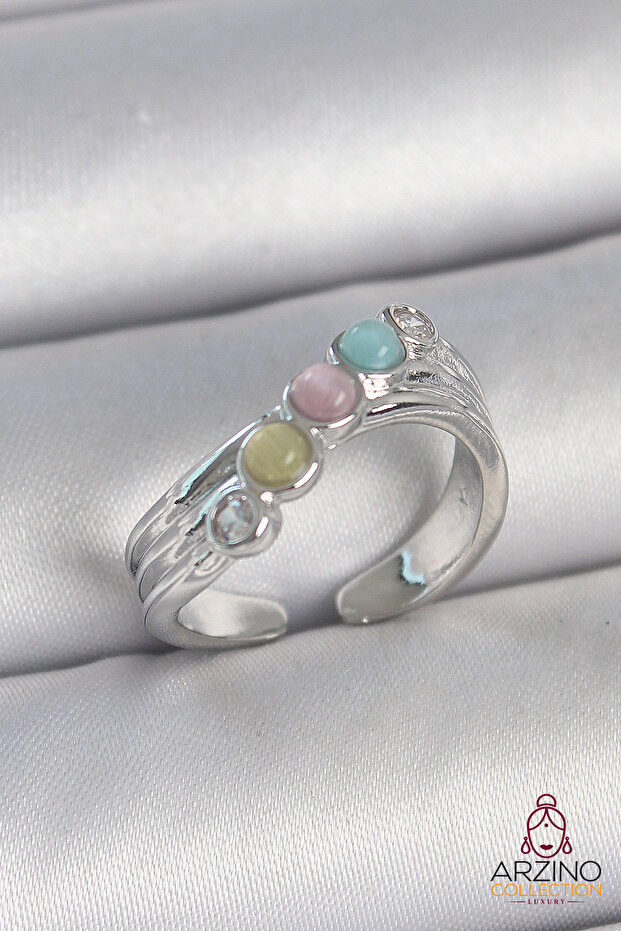 Brass Silver Color Zircon Stone Detailed Colorful Enamel Adjustable Women's Ring