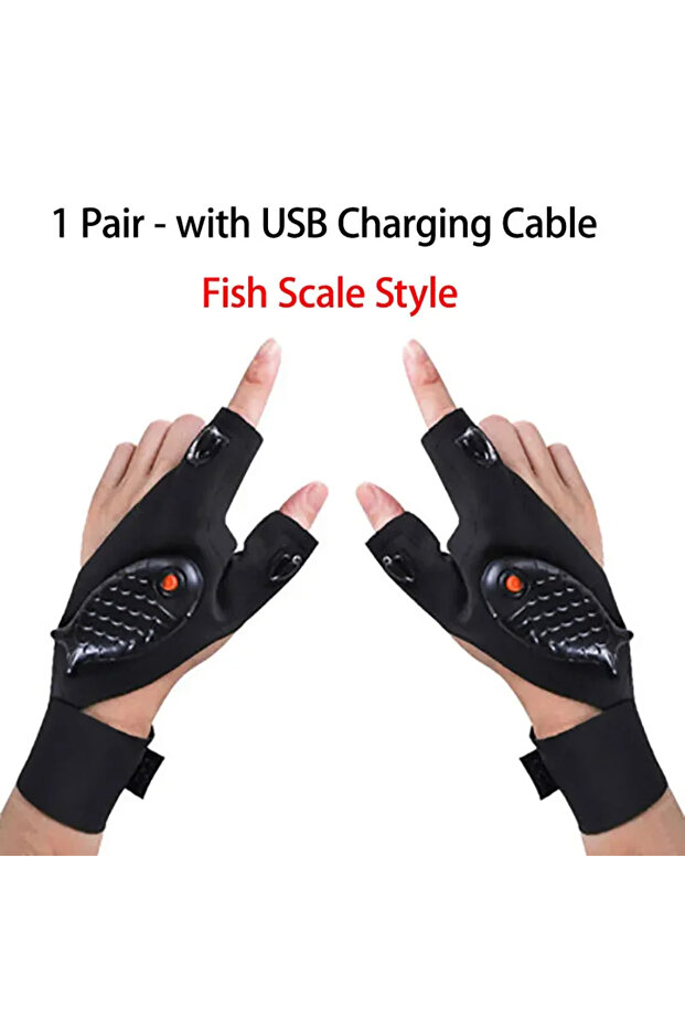 1Pair-with USB Scale LED Flashlight Fishing Strap Fingerless Gloves Waterproof Cycling Camping Hikin