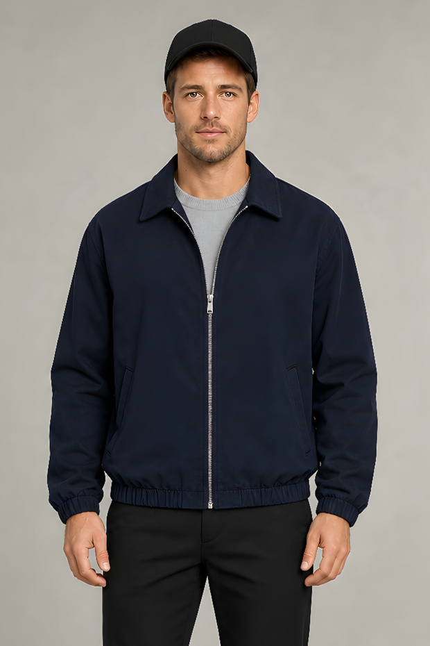 Men's Navy Gabardine Fabric Zippered Oversized Elastic-Waist Transitional Jacket