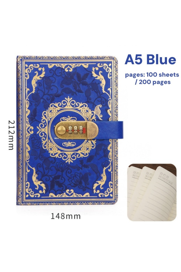 Blue Vintage A5 Lock Diary with Password 200 Pages Thick Notebook Antique PU Leather Journal Secret