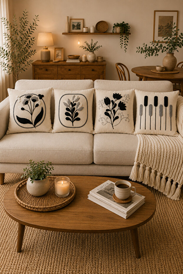 4-Piece Punch Throw Pillow Cover Set 43X43 cm – Linen Fabric Decorative Sofa Throw Pillow