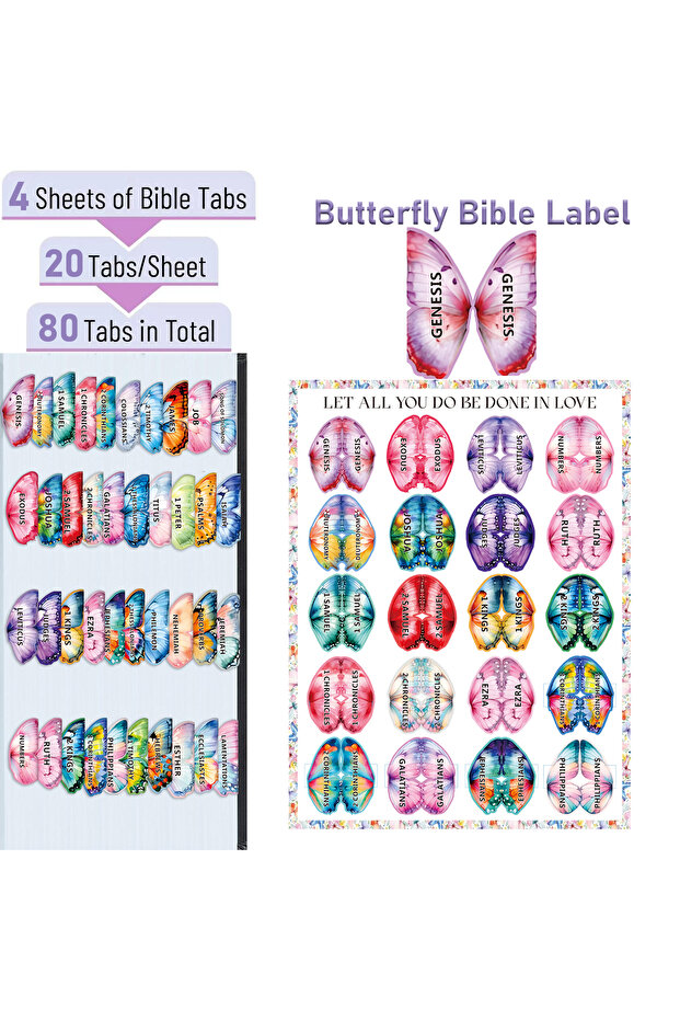 علامات تبويب على شكل فراشة 80 قطعة، علامات تبويب للكتاب المقدس بتصميم الفراشة، سهلة الاستخدام والتلاشيح.