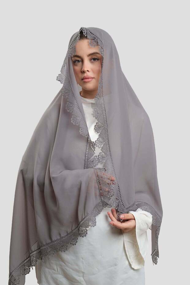 Gray Prayer Headscarf Shawl Chiffon Laced202106_15