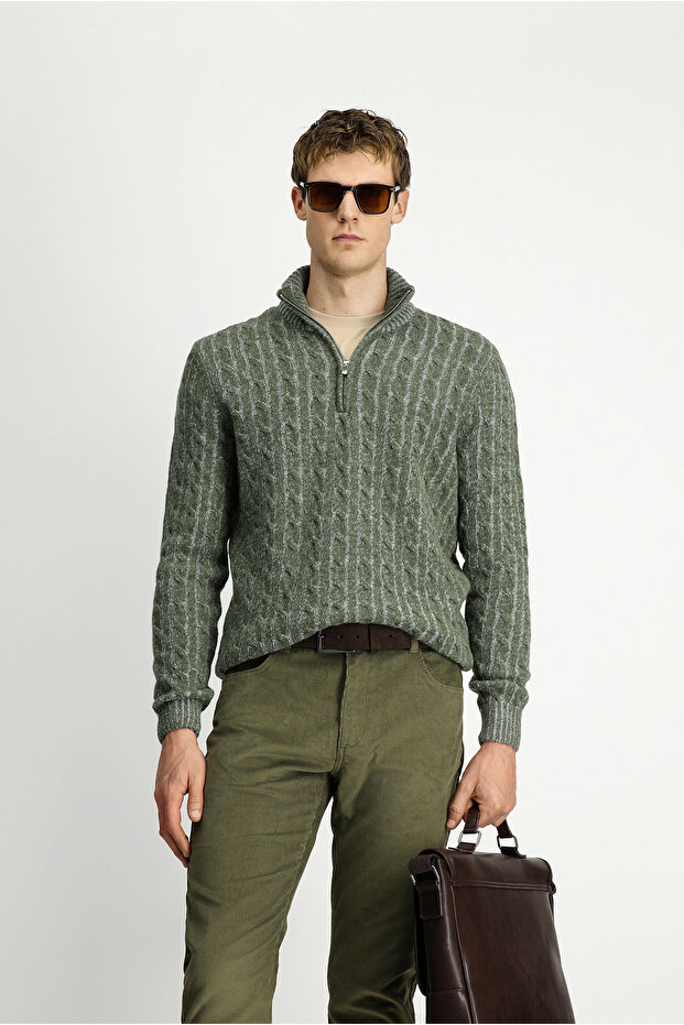 Half Turtleneck Regular Fit Zippered Patterned Knitted Wool Sweater