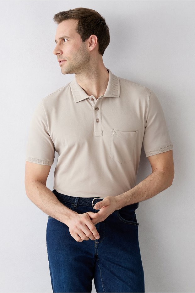 Non-Curling Polo Collar Regular Fit Cotton T-Shirt with Pockets and Ribbed Detail