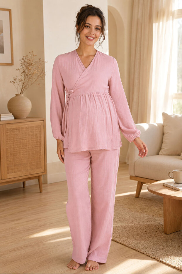 Long Sleeve Muslin Fabric Maternity and Postpartum Pajama Set with Breastfeeding Feature Effortt - Pink