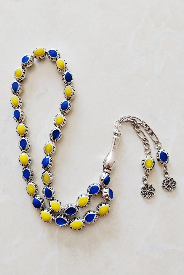 Yellow and Navy Blue Enameled Alpaca Fan Rosary / Gift Boxed, Silver Simulated