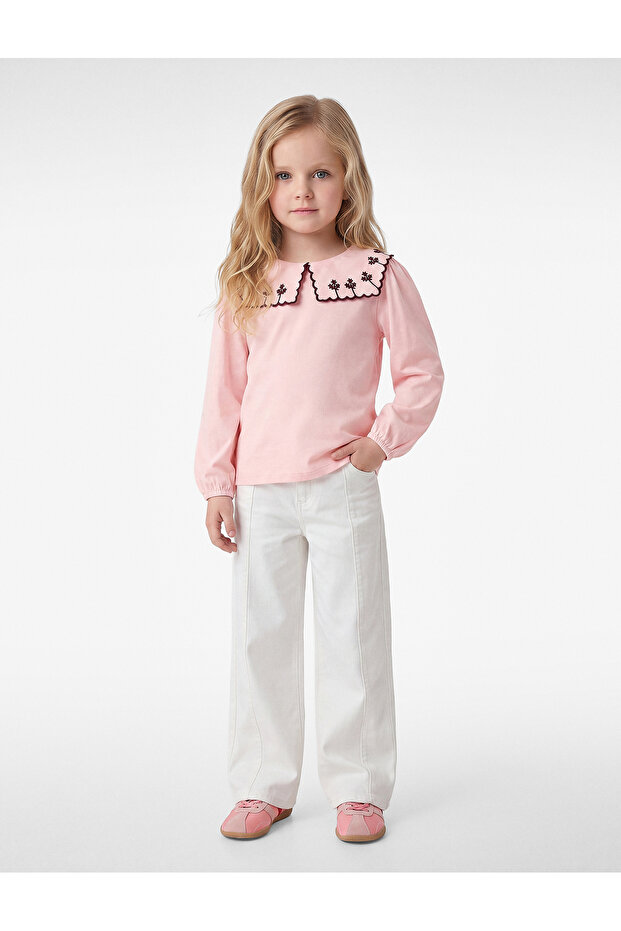 Floral Embroidered Cotton Balloon Sleeve Long Sleeve Baby Collar T-Shirt