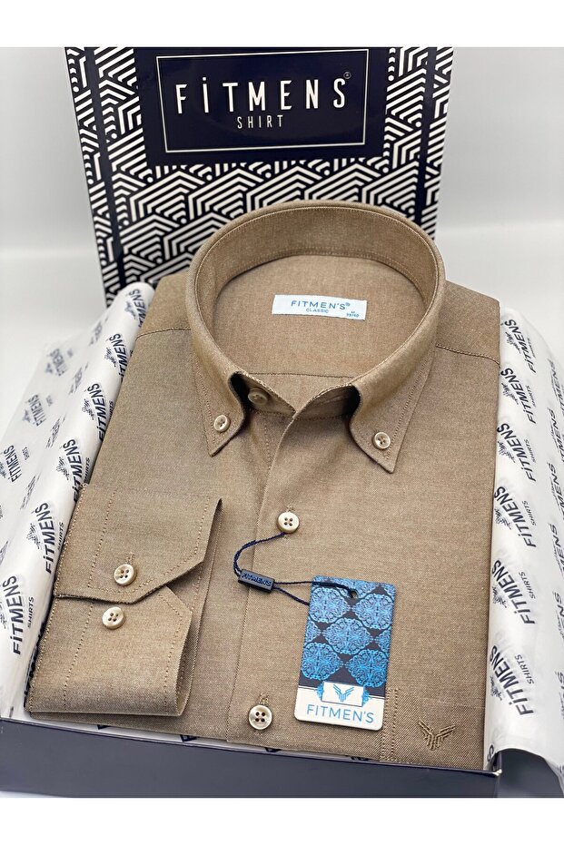 Classic Long Sleeve Cotton Collared Buttoned Gift Boxed Easy-Iron Men's Shirt Fs-003897 - Brown