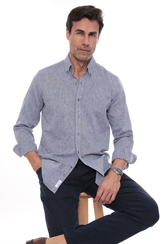 Slim Fit Long Sleeve Lapel Buttoned Breathable Linen Gift Boxed Men's Shirt Fs-004548 - Indigo