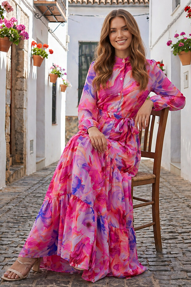 Patterned Hijab Jessica Dress B608 Fuchsia