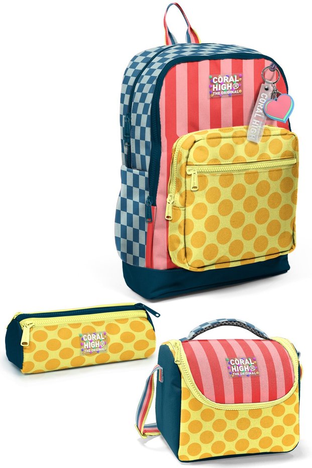 Kids Multi-Colored Checkered Polka Dot Patterned 3-Piece School Bag Set Set0133204
