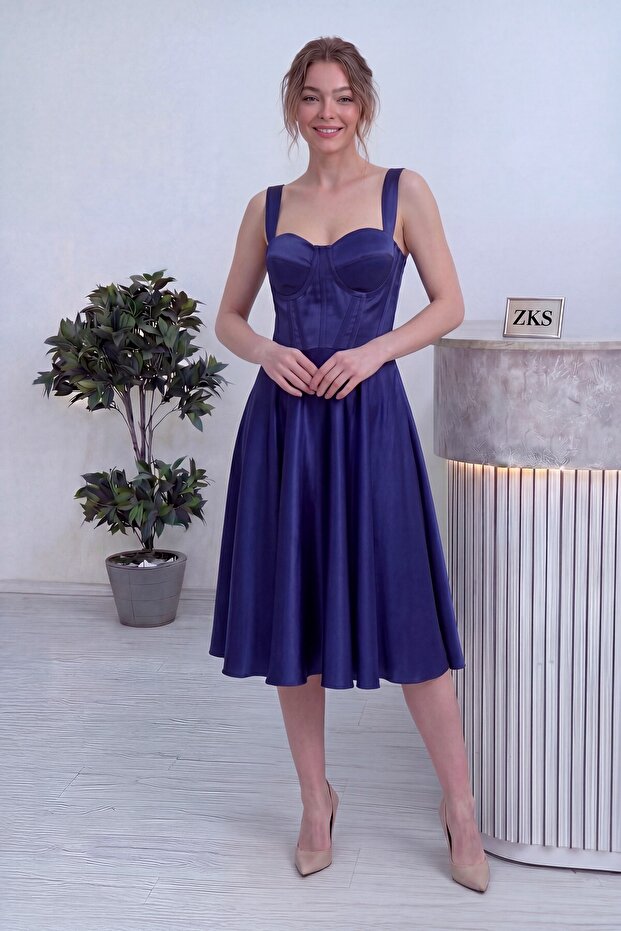 Women's Satin Dress Midi Length with Buttons on the Back, Open Back, Graduation, Navy Blue, Red, Pink, Emerald Green