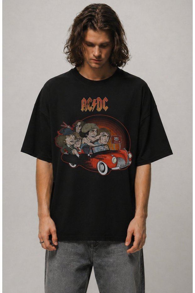 Unisex Oversize Ac-Dc 666 Hell Cartoon Style Printed Rock Band Themed Crew Neck T-Shirt