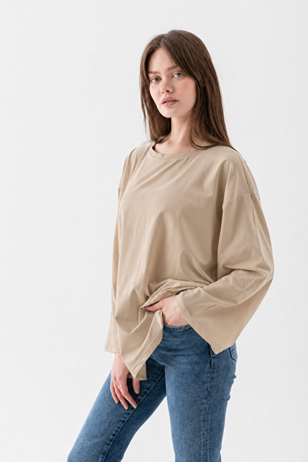 Oversize Wide Sleeve Women's Hijab T-Shirt Loose Long Basic T-Shirt - Beige