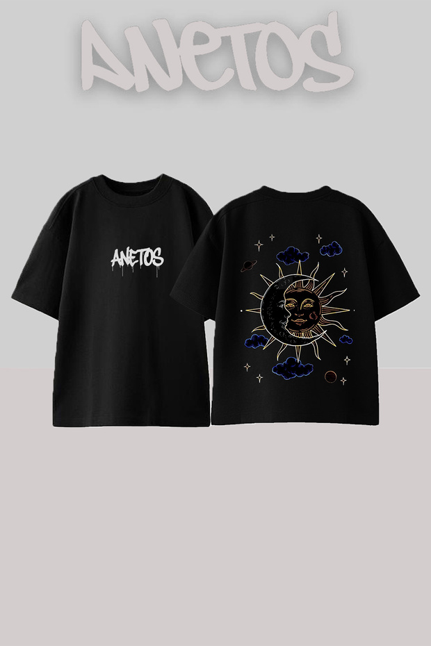 Sun Moon Design Back Printed Cotton Black Oversize T-Shirt