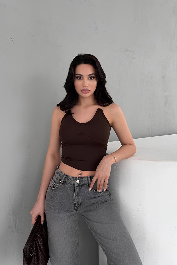 Women's Brown Transparent Strap Crop Blouse Elt3004
