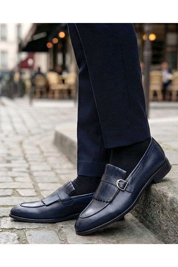 Italian Style Internal and External Natural Leather Men's Shoes Navy Blue T14617