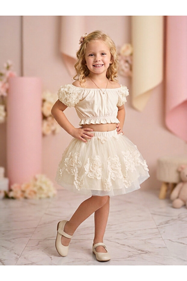 Embossed Flowered Tutu Skirt and Cropped Top Girls' Set
